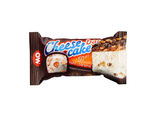 Сирок молоковмісний глазурований з цукром та печивом «Cheese cake bar» горіхами та наповнювачем карамель 50 гр