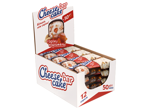 Сирок молоковмісний глазурований з цукром та печивом «Cheese cake bar» горіхами та наповнювачем карамель Шоубокс